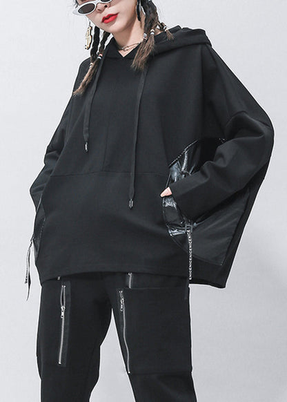 Black Pockets Patchwork Drawstring Pullover Batwing Sleeve