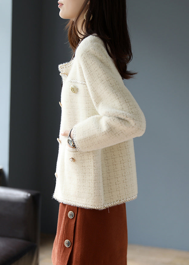 Beige O-neck Plaid Cotton Coats Spring