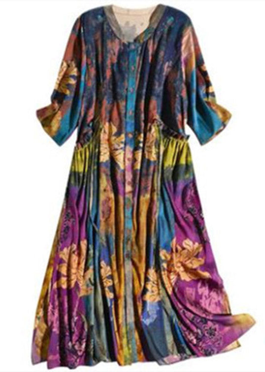 V Neck Print Cinched Button Dresses Half Sleeve