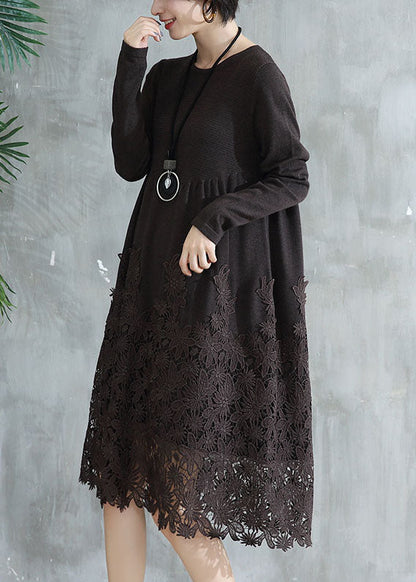 Coffee O Neck Wrinkled Lace Patchwork Knit Dress Fall