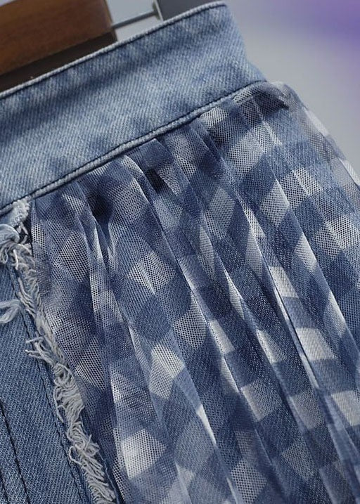 Blue Wrinkled Tulle Patchwork Denim Skirts Spring