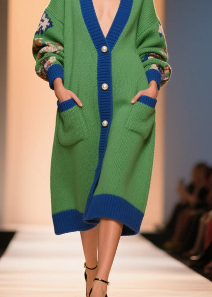Green V Neck Print Button Knit Loose Coat Winter