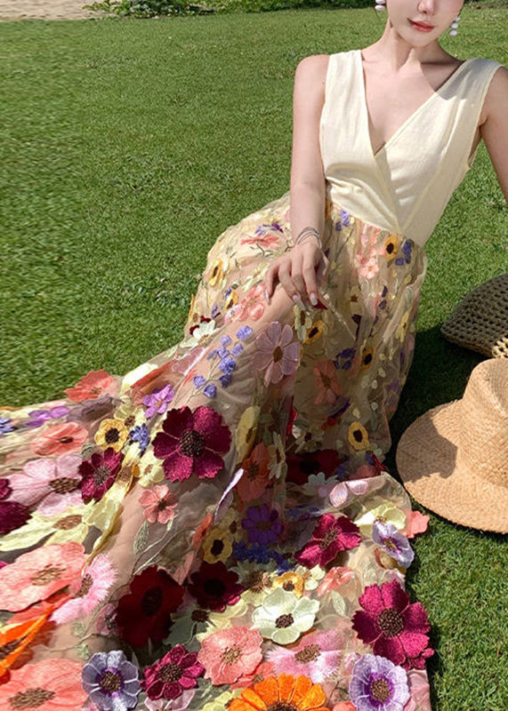 V Neck Tulle Embroidered Patchwork Tulle Maxi Dress Summer