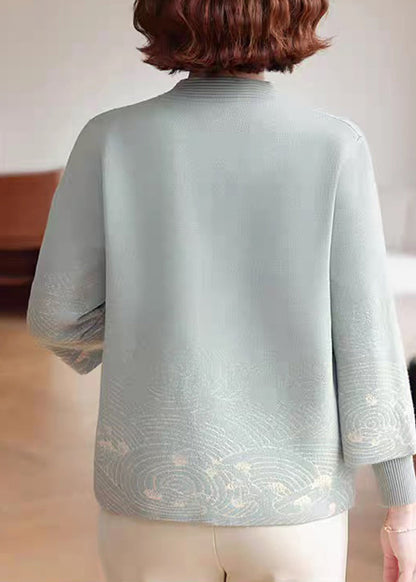 Blue Stand Collar Cotton Knit Coats Three Quarter Sleeve