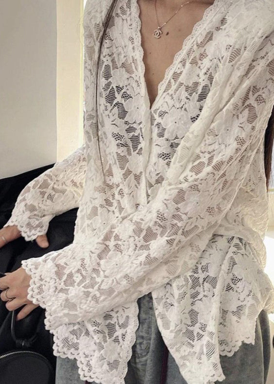 Black V Neck Hollow Out Lace Shirt Spring