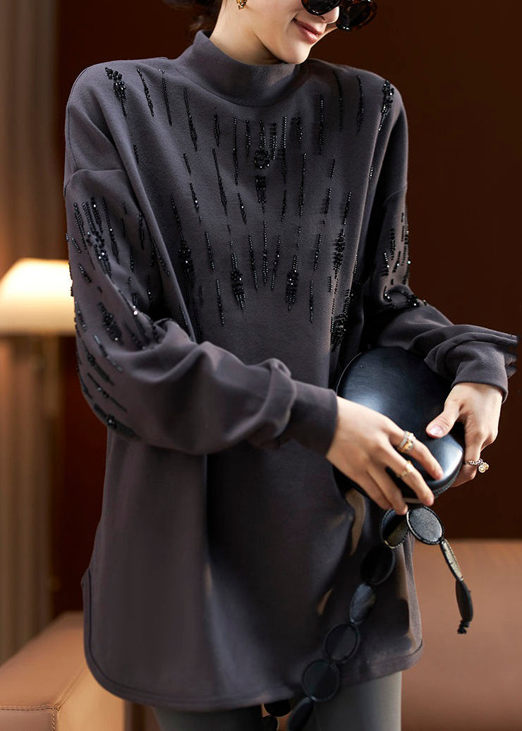 Dark Gray Turtleneck Print Bead Cotton Sweatshirt Long Sleeve