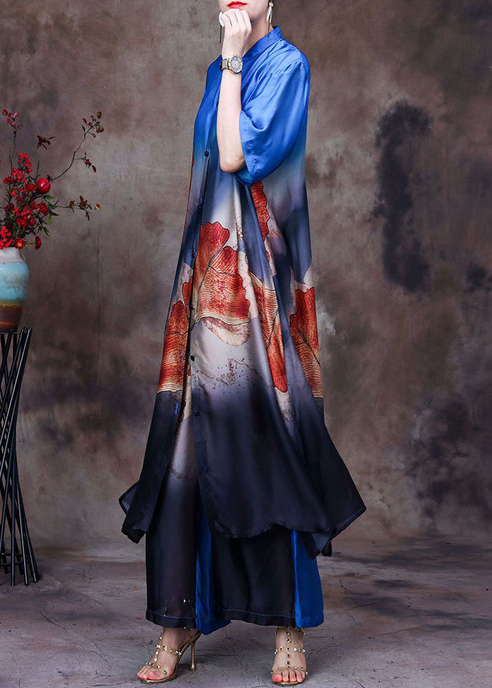 Blue Print Silk Long Shirt and Straight Pant Two Pieces Set Stand Collar Side Open Summer