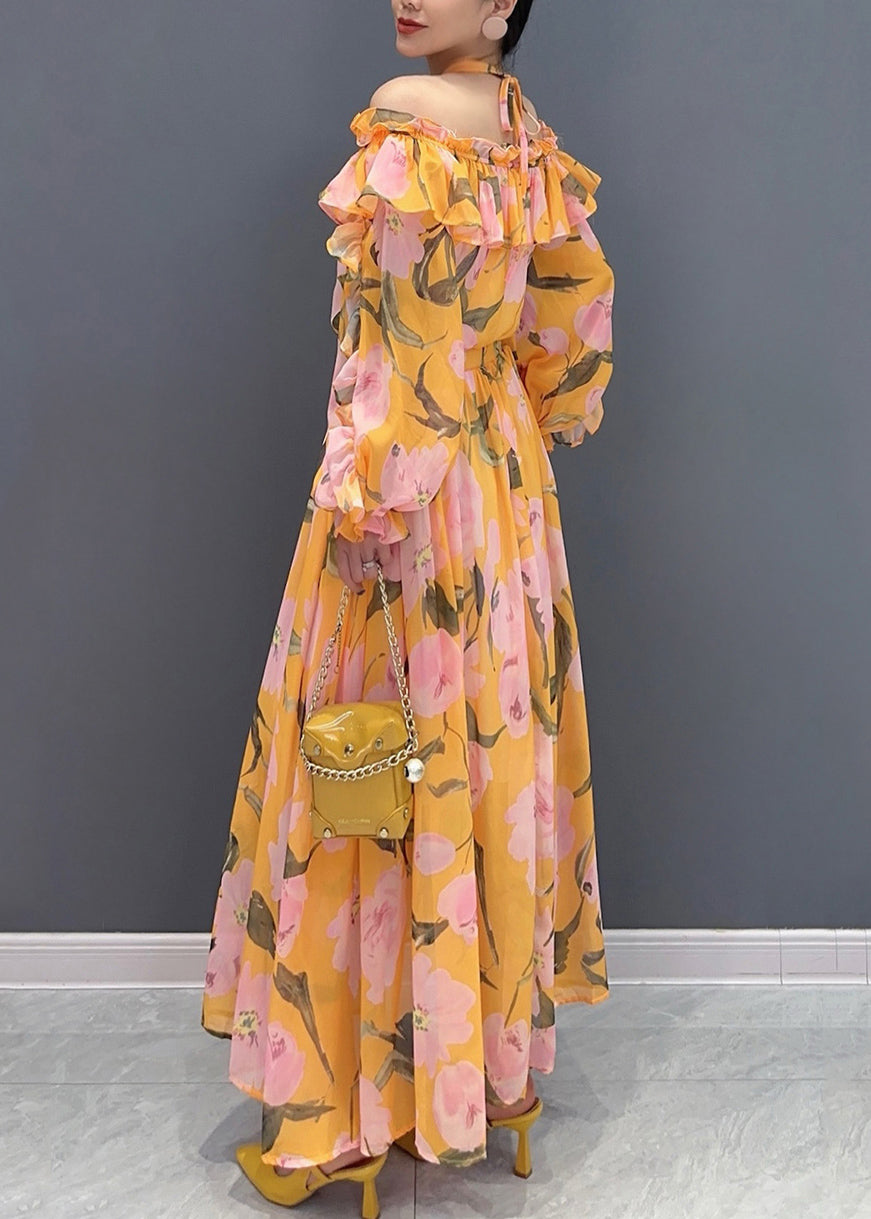 Orange Slash Neck Cold Shoulder Patchwork Long Dress Long Sleeve