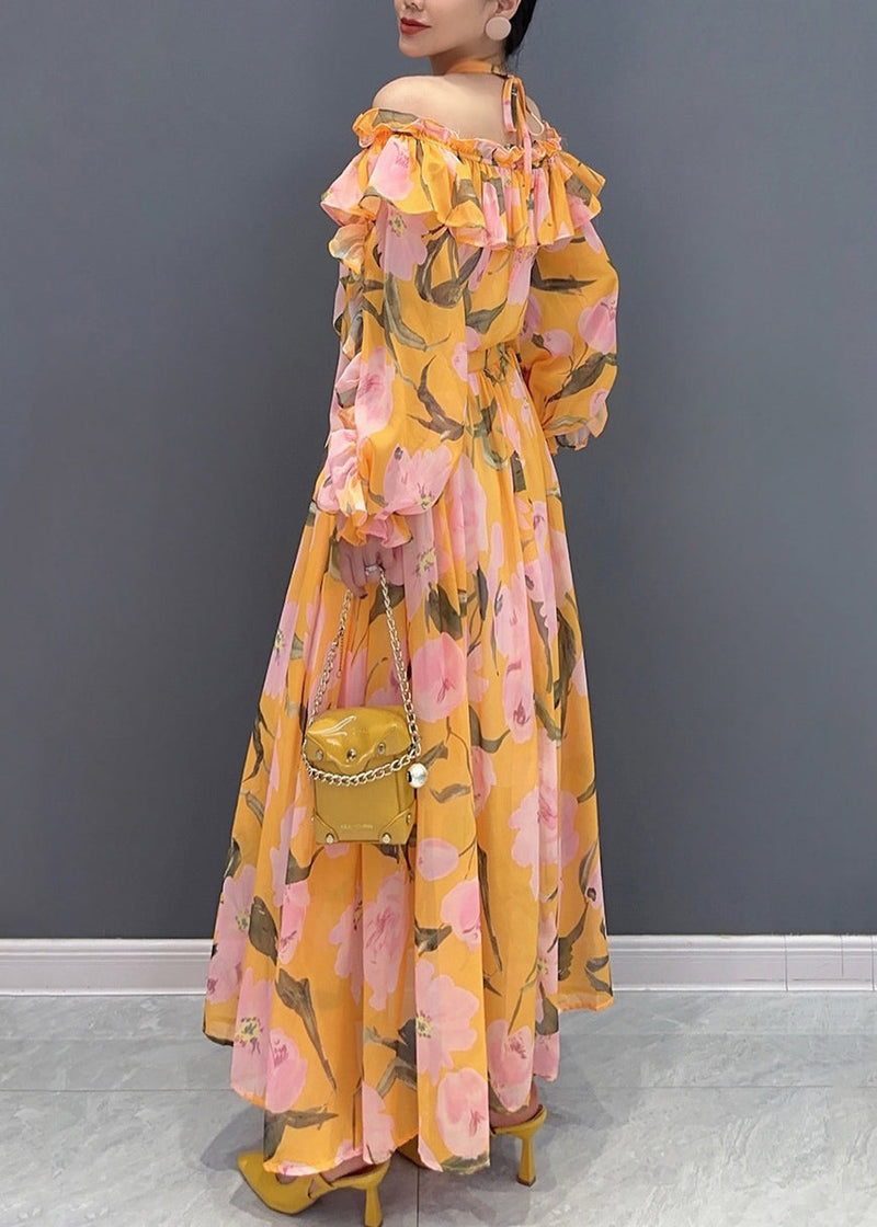 Orange Slash Neck Cold Shoulder Patchwork Long Dress Long Sleeve