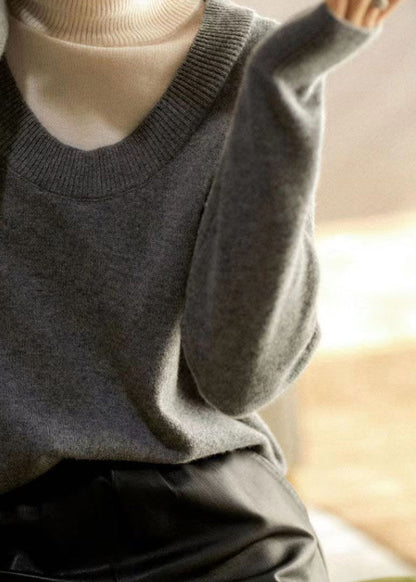 Grey Hign Neck Thick Patchwork Woolen Knit Pullover Fall