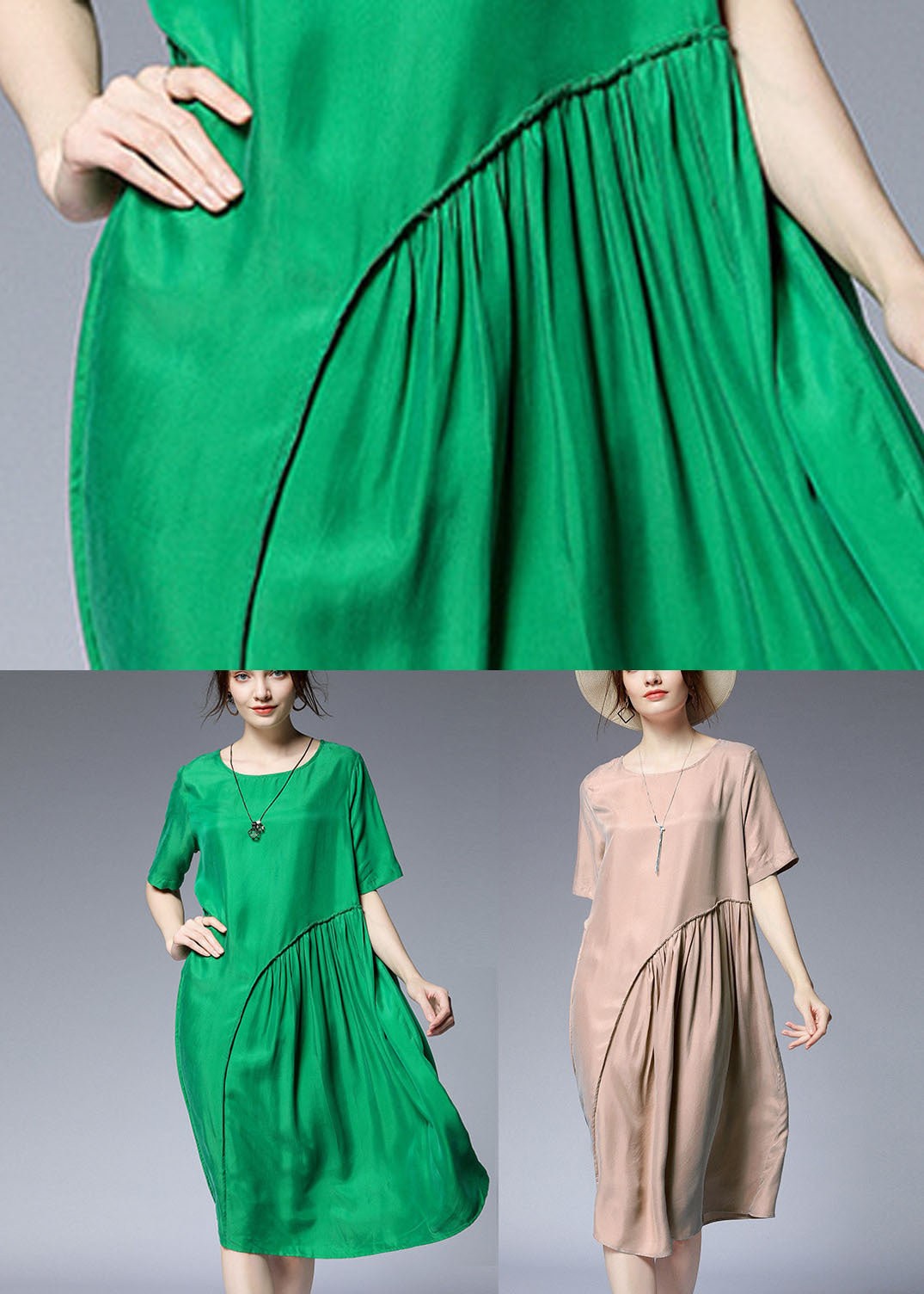 Green O-neck Asymmetrical Silk Holiday Dresses Short Sleeve
