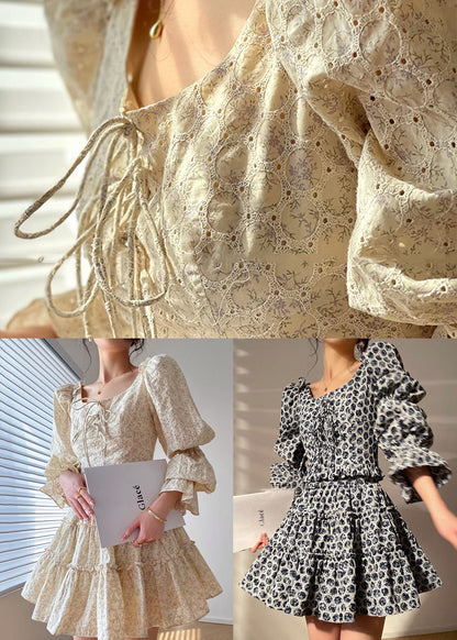 Beige Square Collar Ruffled Print Cotton Dress Two Piece Set Long Sleeve