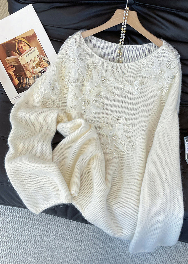 Loose White Nail Bead Knit Sweaters Fall