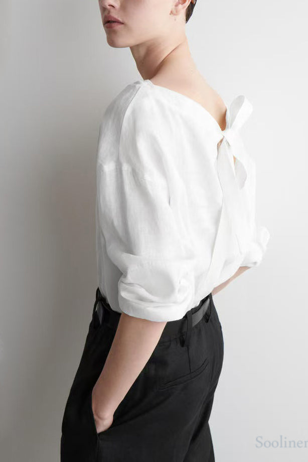 White Slash Neck Back Lace Up Linen Shirts Spring