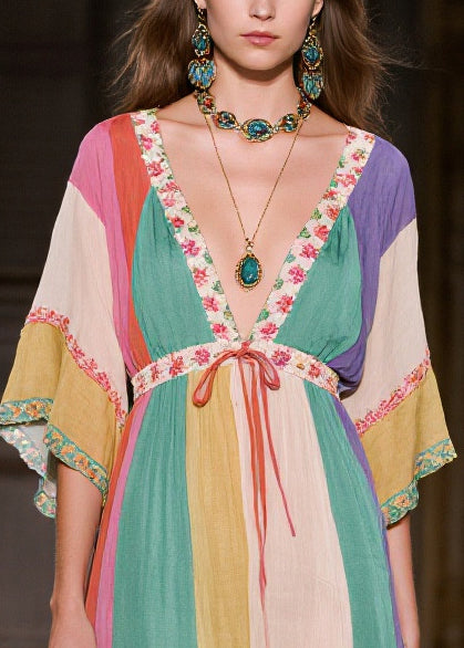 Colorblock Deep-v Neck Side Open Cotton Long Dress Summer