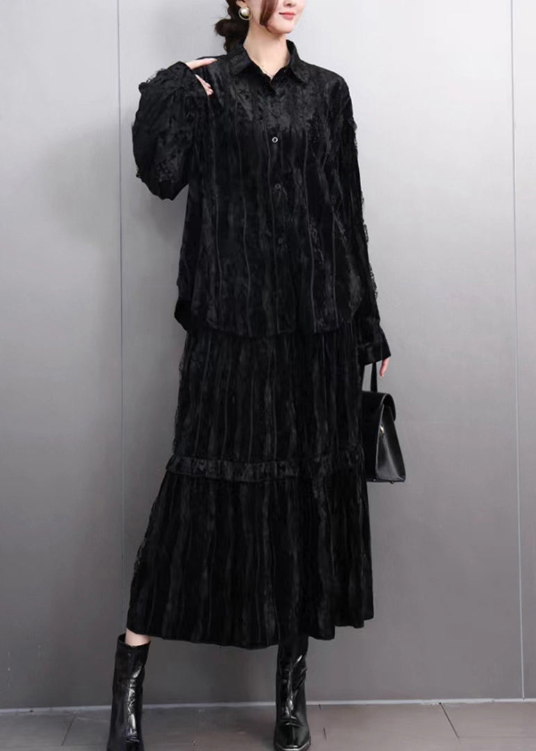 Fine Black Ruffled Wrinkled Shirt and Maxi Skirts Two Pieces Set Spring