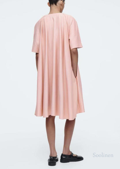 Diy Pink O-neck Oversized Cotton Tea Dress Summer
