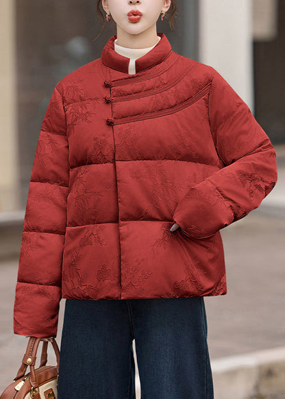 Red Stand Collar Jacquard Duck Down Puffers Jackets Winter