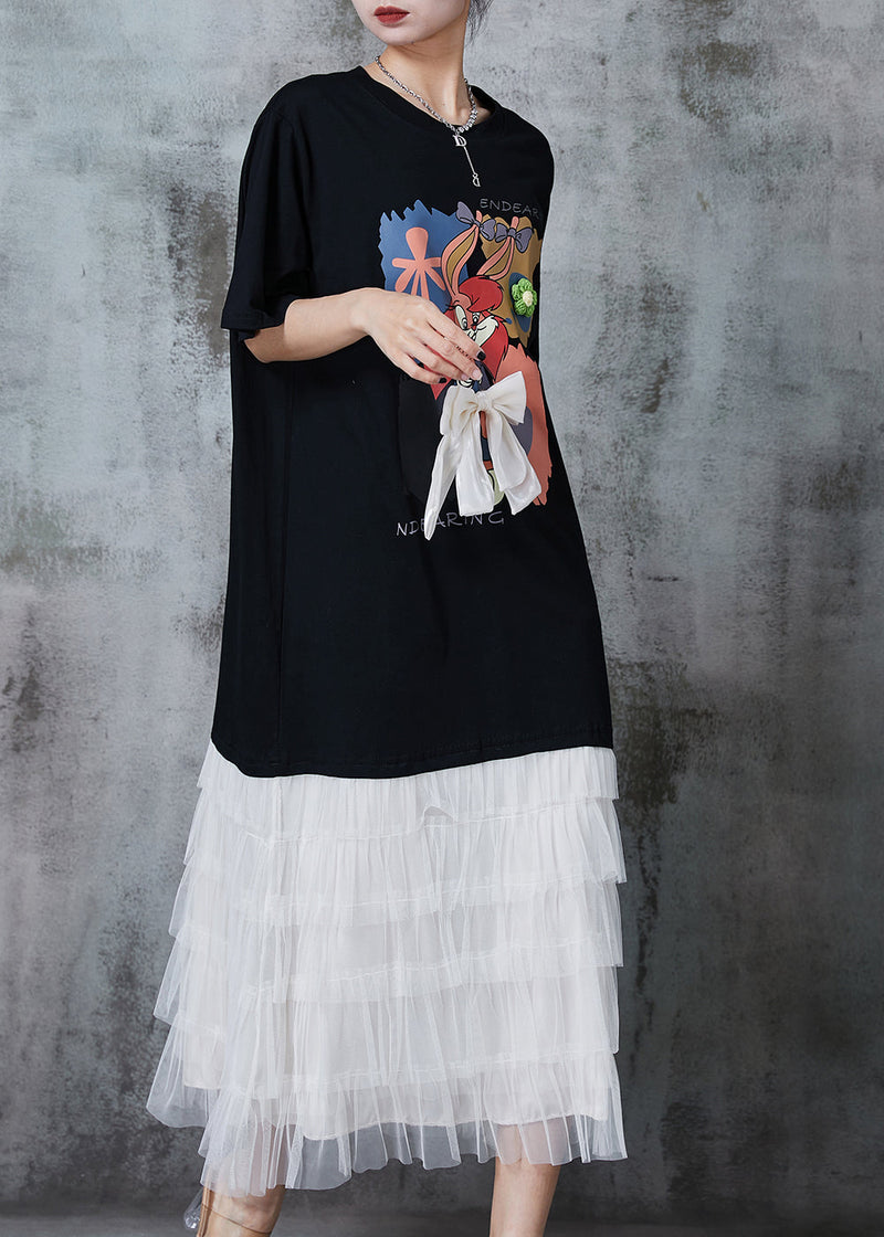 Black Cartoon Bow Patchwork Cotton Maxi Dresses Summer