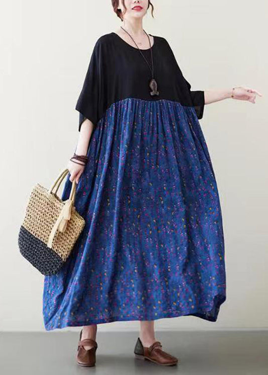 Loose Blue O-neck Print Long Dress Short Sleeve