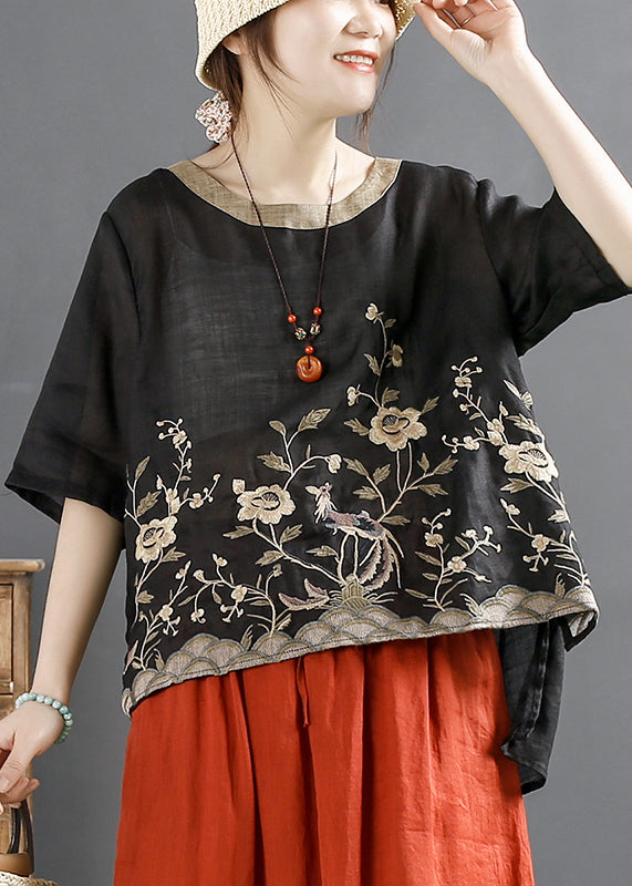 Loose Black Embroideried Low High Design Linen Top Summer
