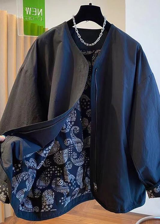 Black Zip Up Patchwork Cotton Jackets Fall