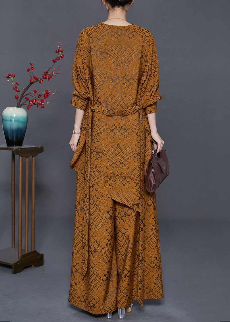 Yellow Oversized Print Silk Two Pieces Set Fall