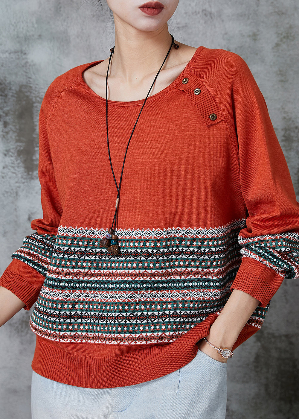 Orange Striped Knitted Tops O-neck Oversized Spring