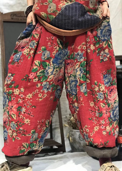 Modern Red Oriental Print Thick Harem Spring Pants