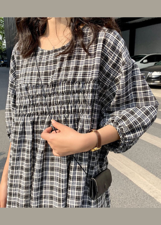 Black Cinched Plaid Cotton Maxi Dresses Half Sleeve
