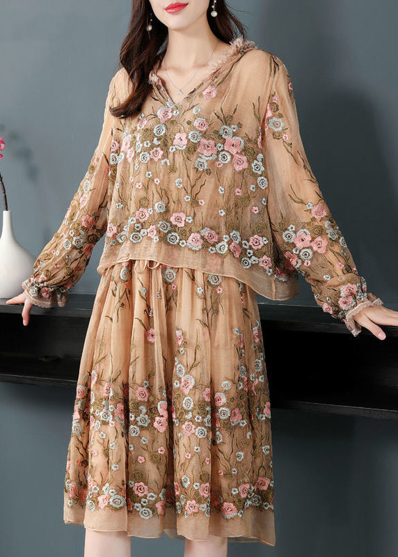 Boutique Beige Hooded Printing Patchwork Silk Fake Two Piece Dresses Spring