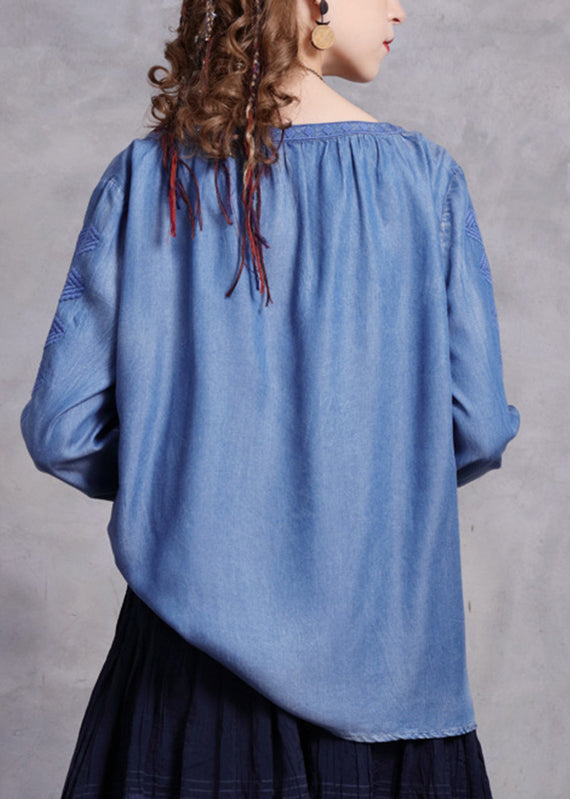 Brief Blue O-neck Embroidered Button Denim Shirts Spring