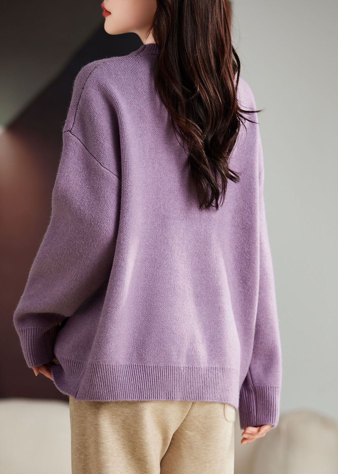 Purple O-neck Animal Print Thick Cotton Knit Sweater Long Sleeve