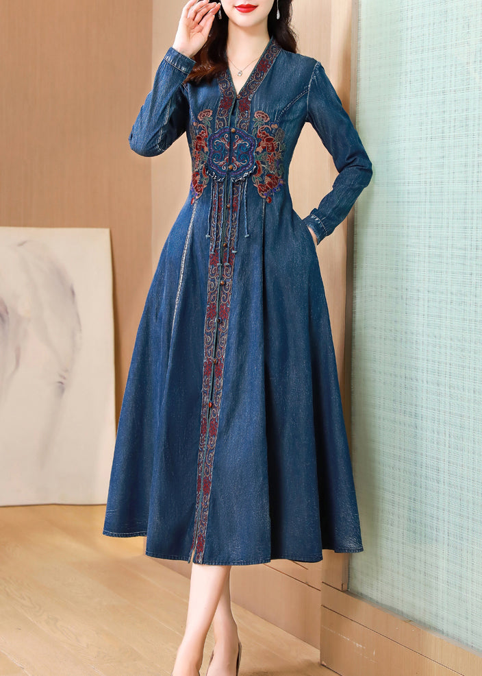 Blue V Neck Embroideried Patchwork Denim Dresses Spring