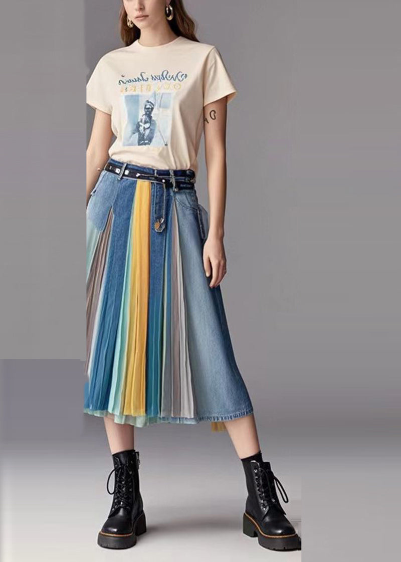 Blue Patchwork Wrinkled Denim Skirts Fall