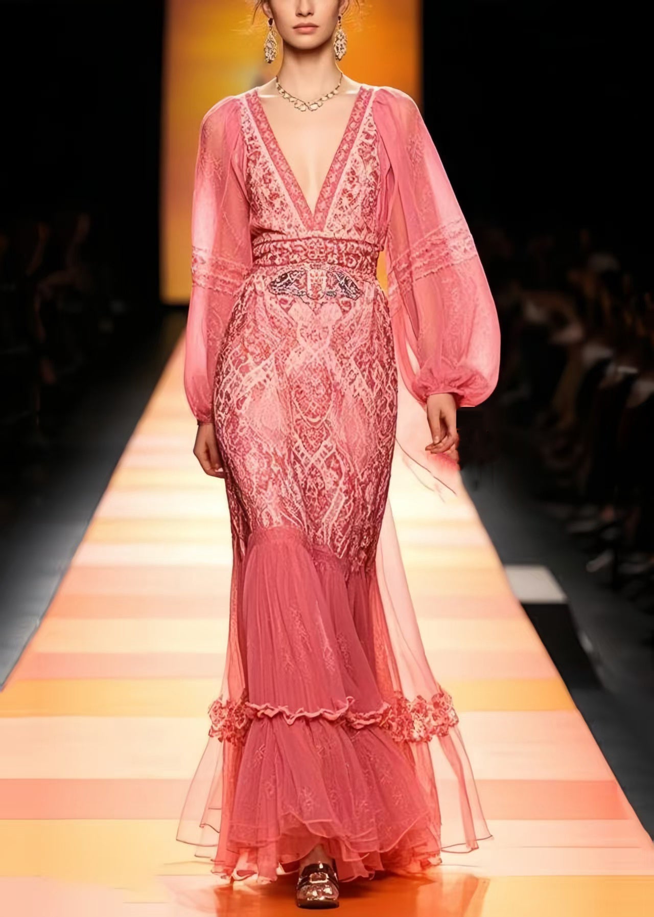 Rose Cinched Patchwork Lace Vestidos Dresses Cloak Sleeves