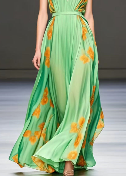 Light Green Print Exra Large Hem Silk Cami Dress Summer