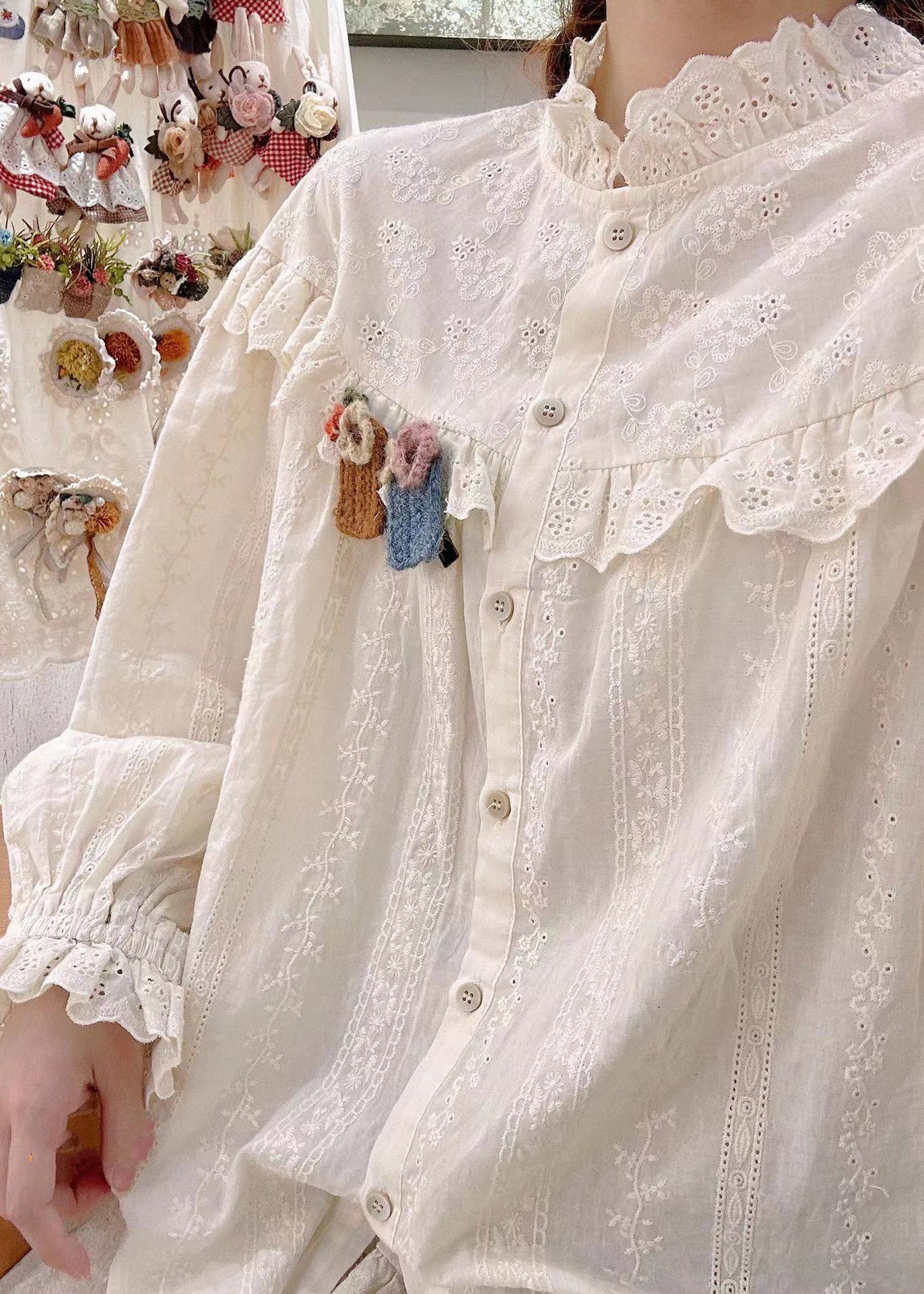 Beige Embroidered Hollow Out Cotton Blouse Spring