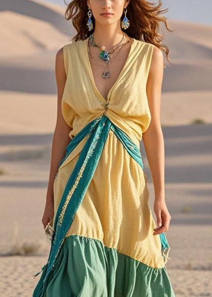 Yellow Asymmetrical Patchwork Cotton Long Dresses Sleeveless