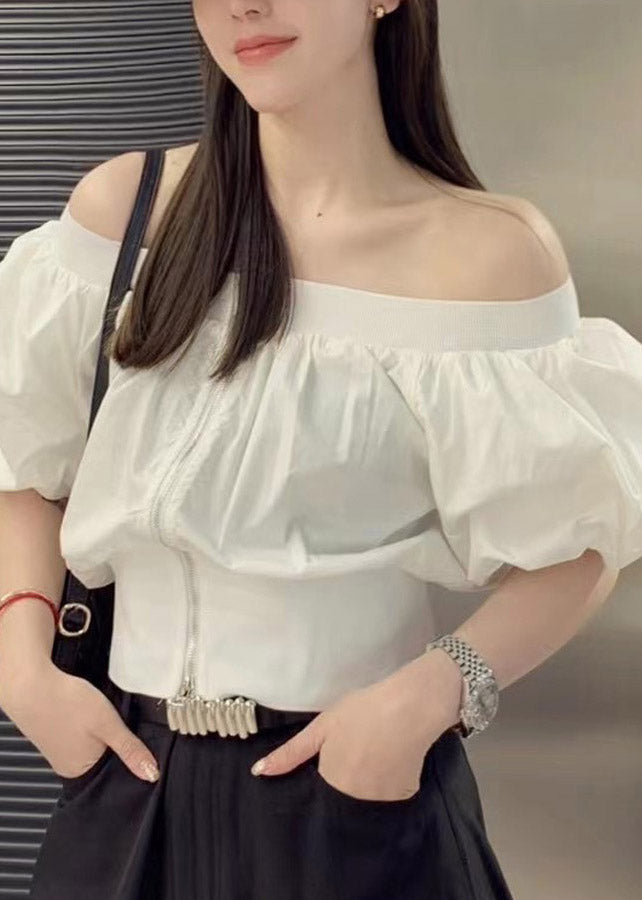 Black Slash Neck Wrinkled Zippered Shirts Puff Sleeve