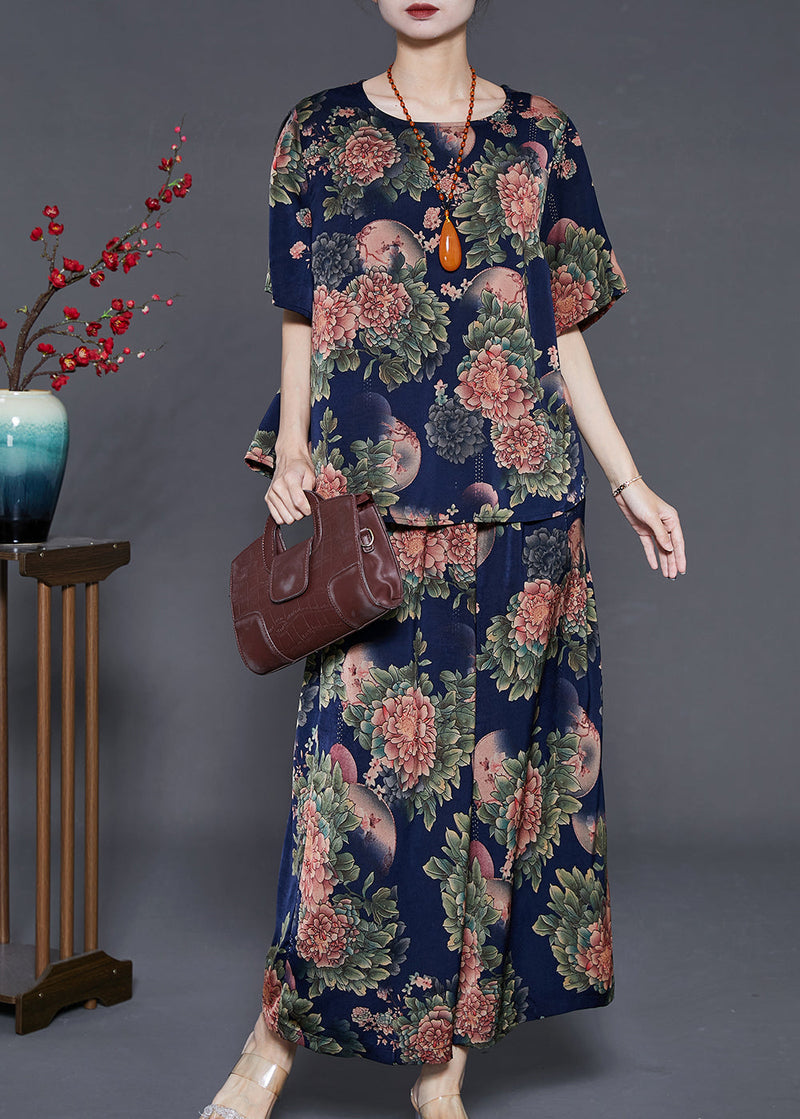 Navy Oversized Print Silk Two Pieces Set Summer