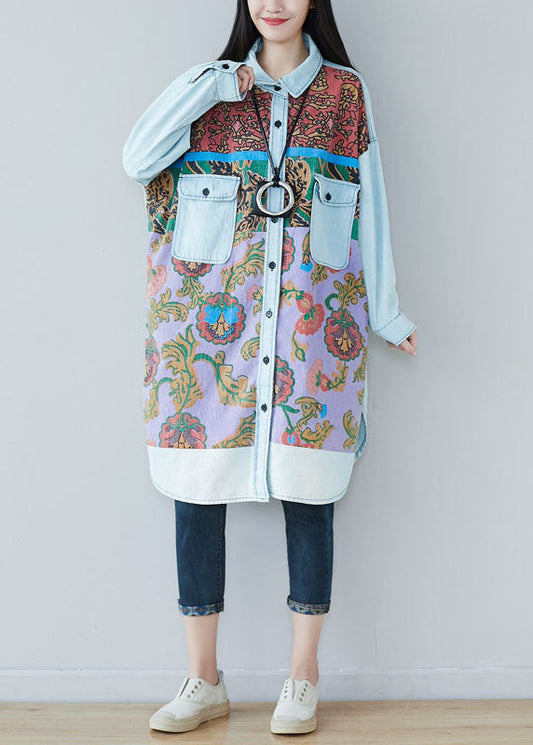 Art Light Blue Pockets Side Open Print Denim Shirt Dresses Spring