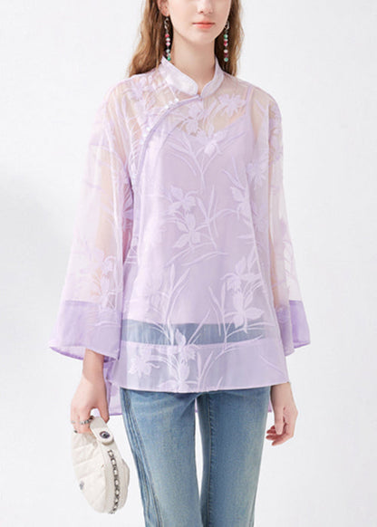 Chinese Style Purple Stand Collar Button Silk Two Pieces Set Long Sleeve