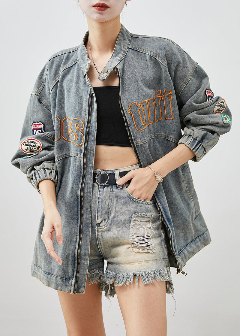 French Blue Embroideried Applique Denim Coats Fall