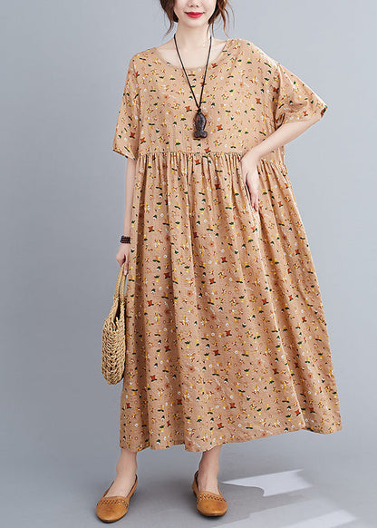 French Pink Orange O-neck Wrinkled Print Cotton Loose Dresses Short Sleeve