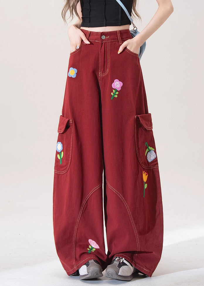 Unique Red Embroidered Pockets Denim Wide Leg Pants Spring