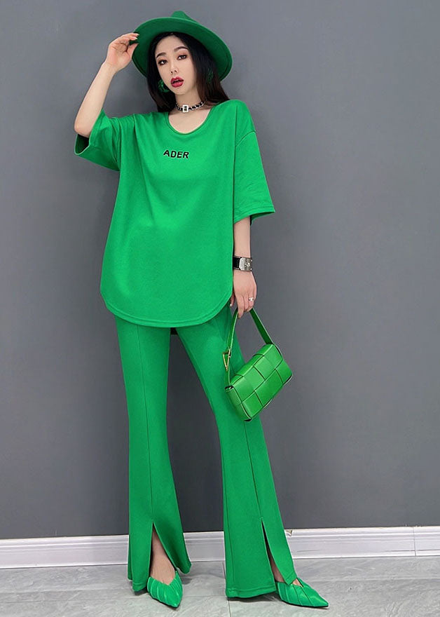 Fine Green O-neck Side Open Letter Print Cotton Tanks and Flare Pants Two-piece Set Summer