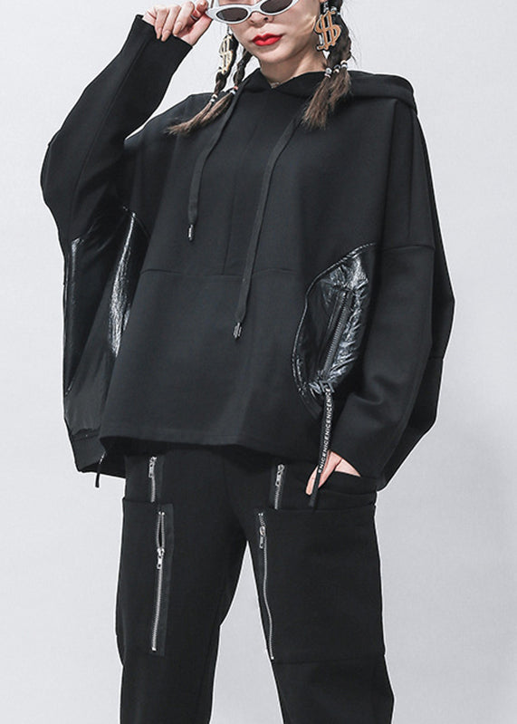 Black Pockets Patchwork Drawstring Pullover Batwing Sleeve