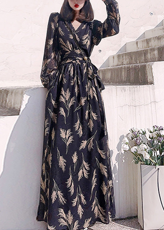 Black V Neck Print Slim Long Dress Long Sleeve