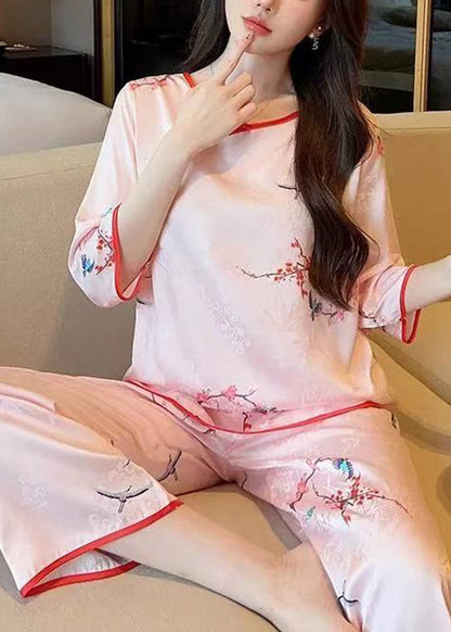 Pink O Neck Print Ice Silk Pajamas Two Pieces Set Half Sleeve